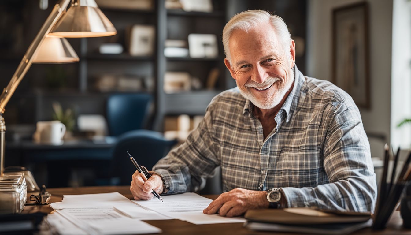 A smiling veteran reviewing paperwork in a home office. VA Loan