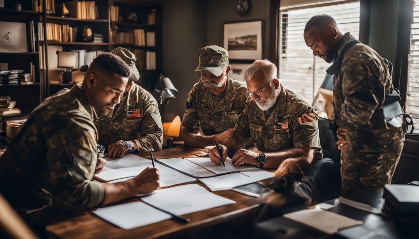 A group of military veterans reviewing paperwork in a cozy home office. VA Loan