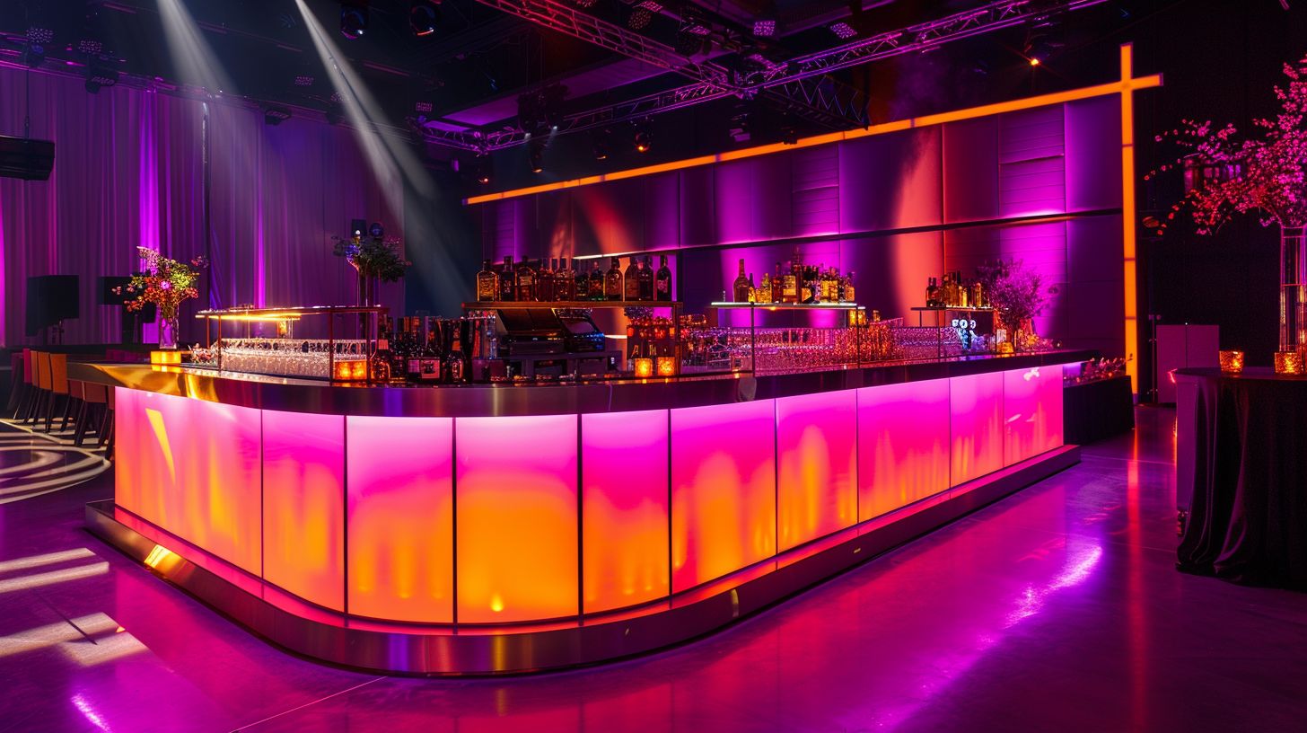 A glamorous event with a vibrant LED-lit bar setup.