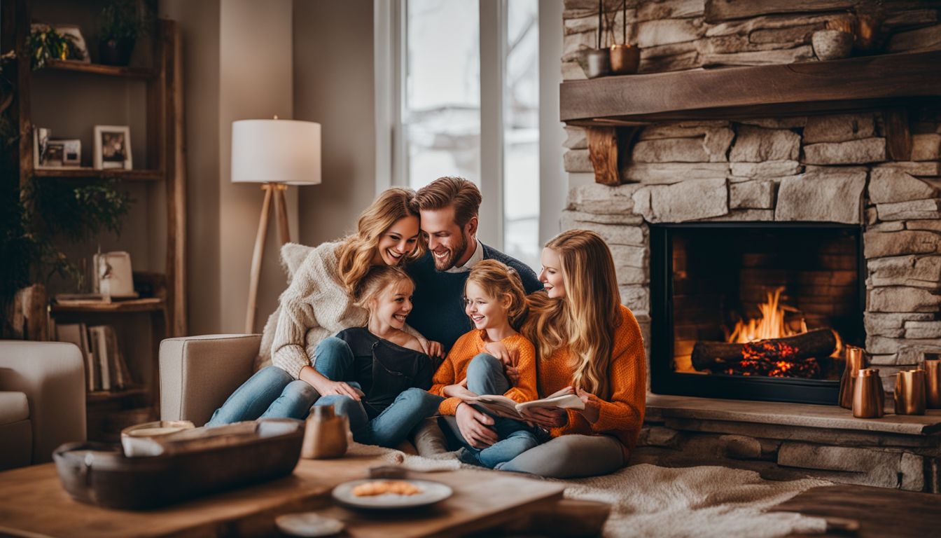 A happy family sitting around a cozy fireplace in their renovated home. Home Loan Refinance