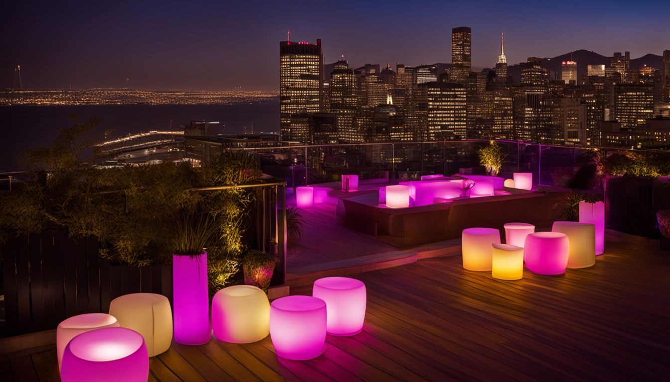 A rooftop party in San Francisco with LED illuminated cocktail tables.