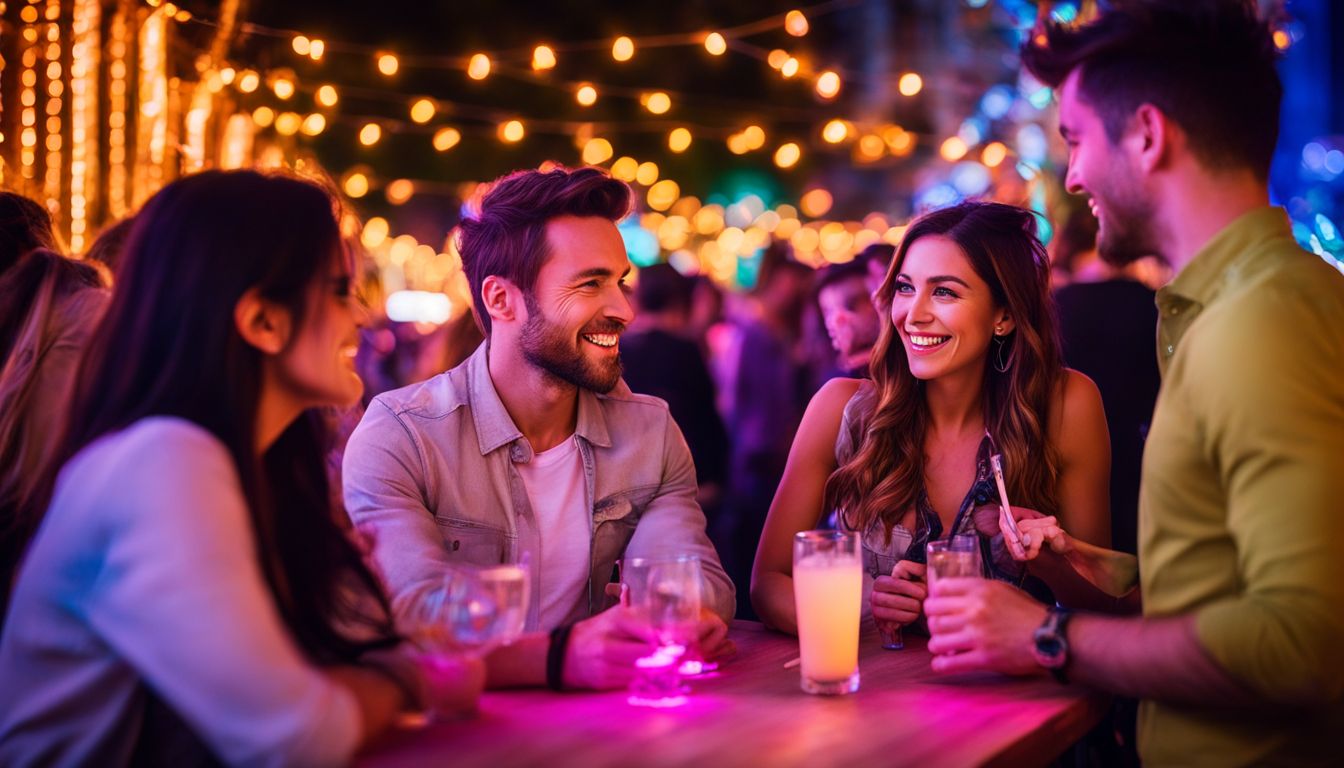 A diverse group of people enjoying colorful light-up bars at an outdoor event.