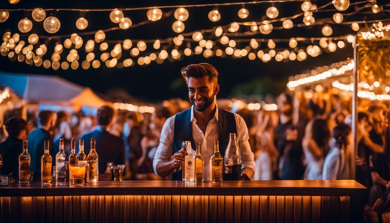 A festive outdoor event with a beautifully lit portable bar.