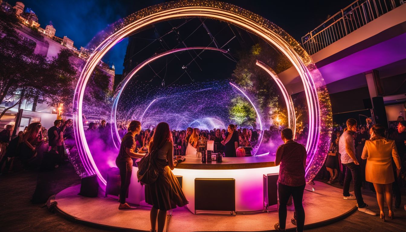 A vibrant 12FT DIAMETER ROUND L E D BAR in an outdoor event setting with a bustling atmosphere.