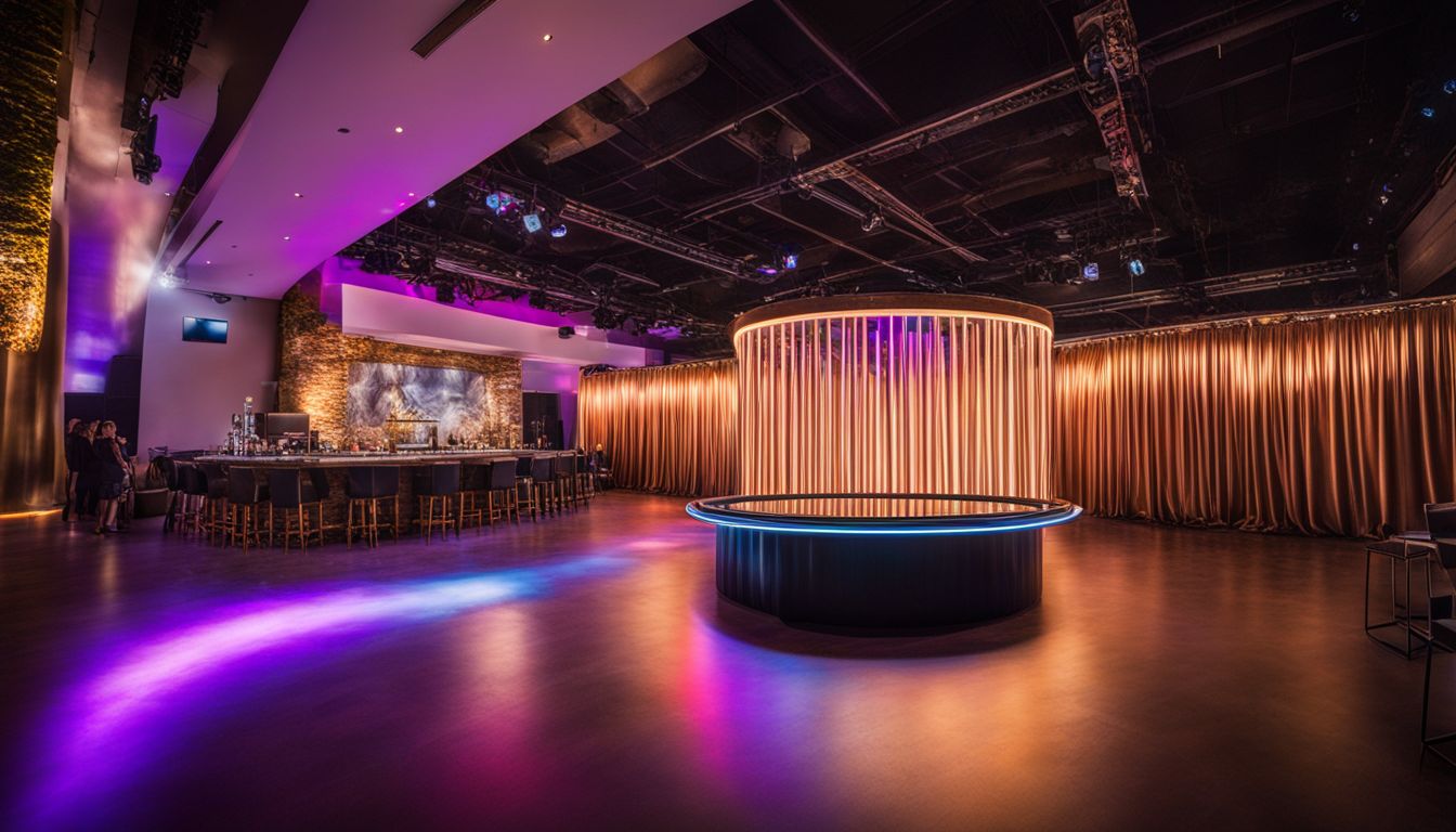 A 12FT DIAMETER ROUND LED BAR in a spacious event venue with a bustling atmosphere.