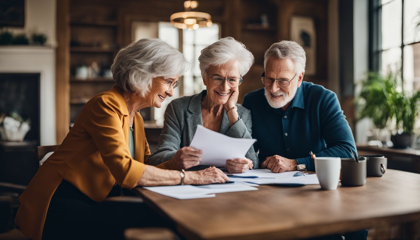 A senior couple reviewing financial paperwork with an advisor at a table. Reverse Mortgage