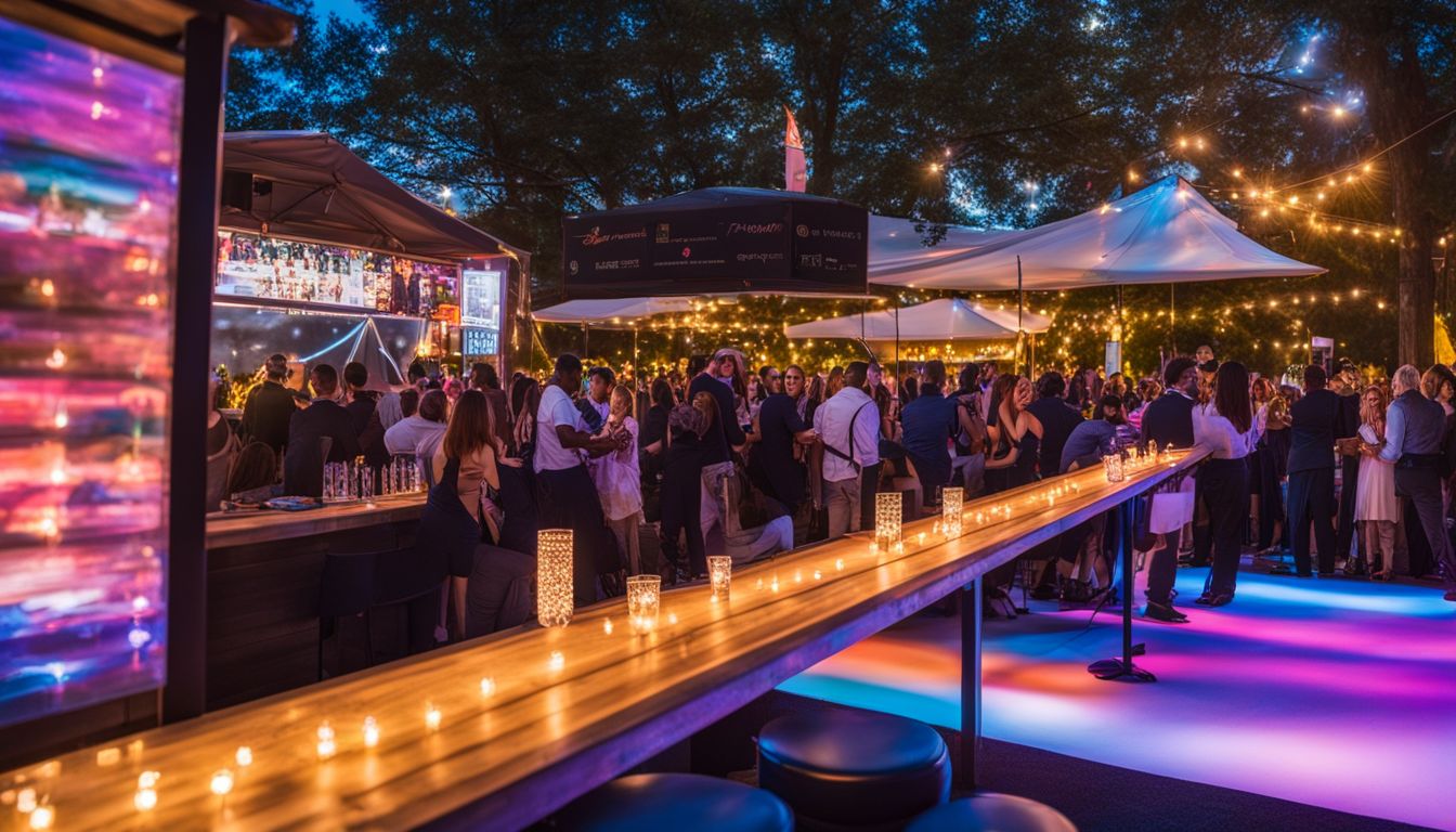A diverse crowd gathers at an outdoor event with a light-up bar.
