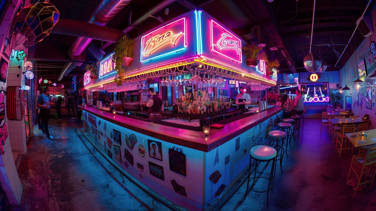 A vibrant and lively bar scene with colorful decorations and neon signs.
