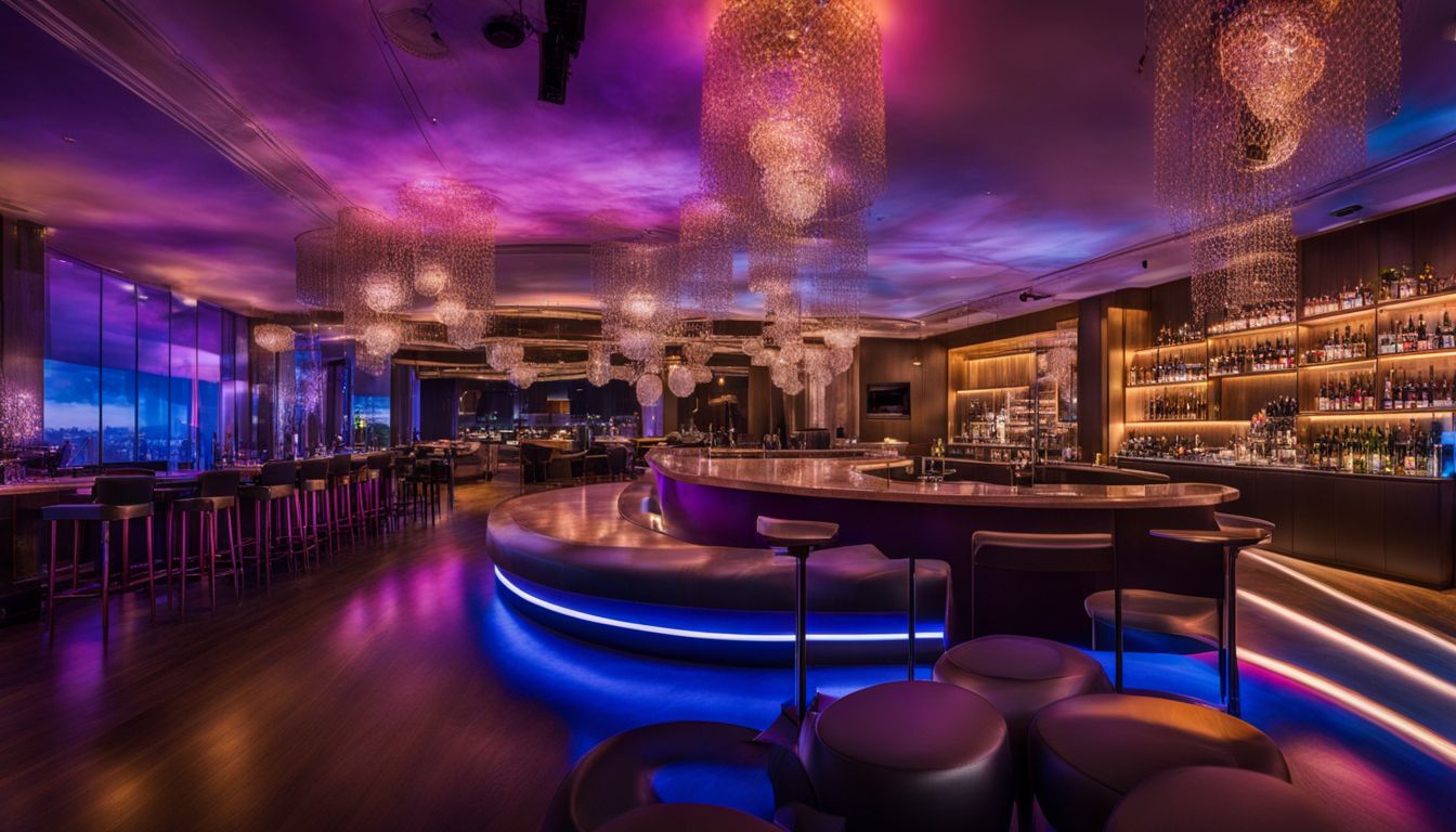 A stylish event venue with a vibrant light-up bar and bustling atmosphere.