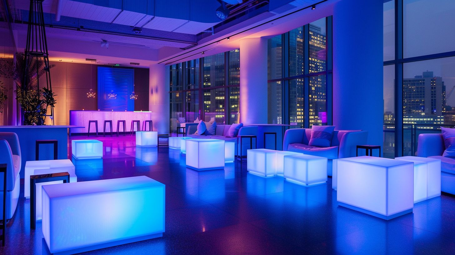 A modern event space with LED furniture and cityscape photography.