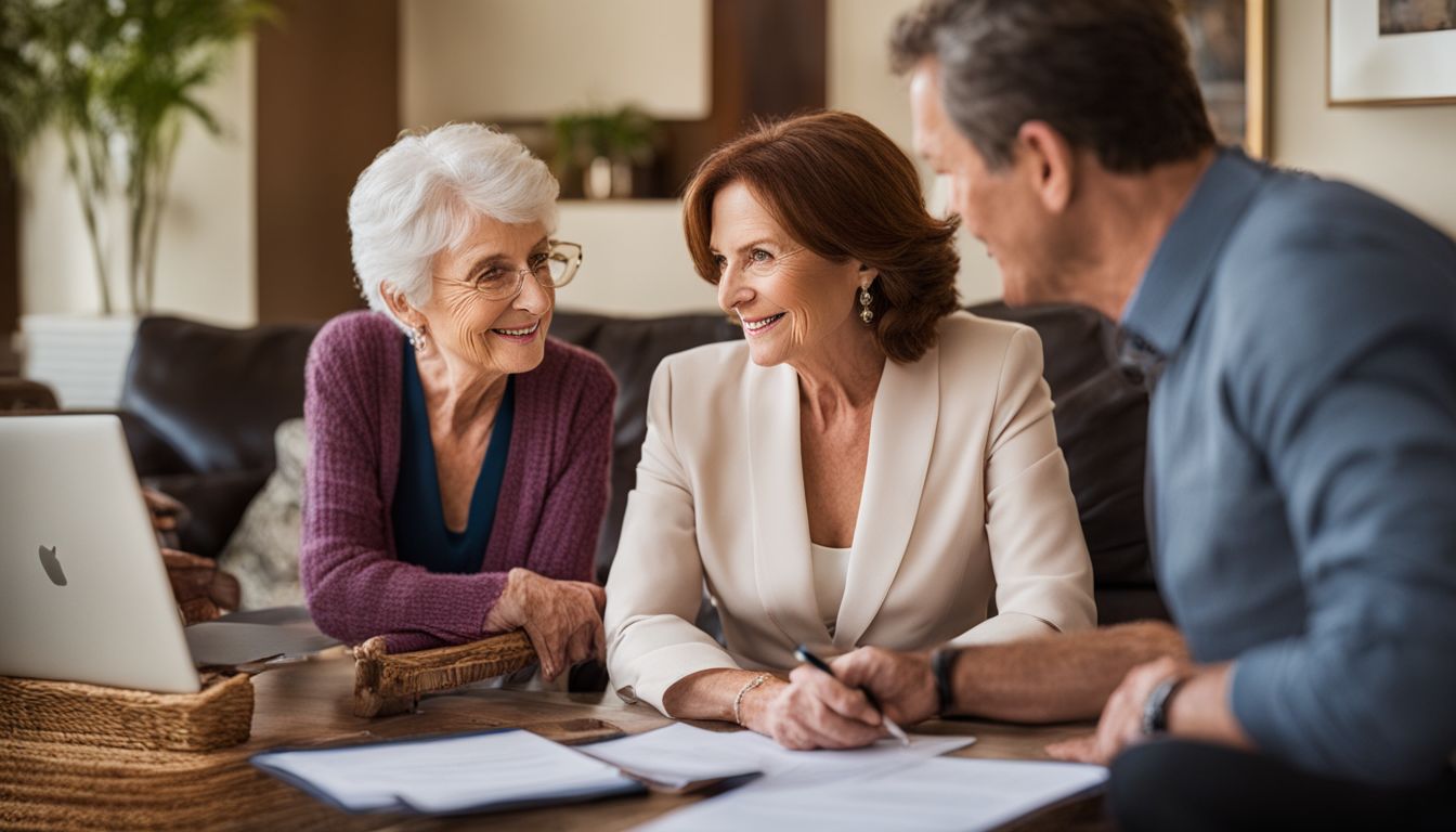 An elderly couple discussing paperwork with a financial advisor in their living room. Reverse Mortgage