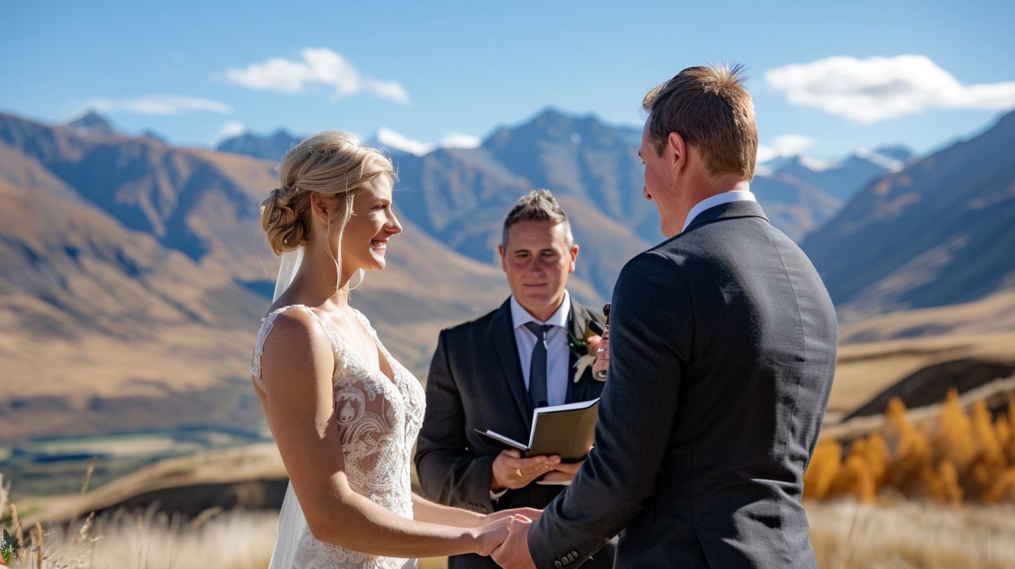A bride and groom exchange vows with stunning mountain views in the background.