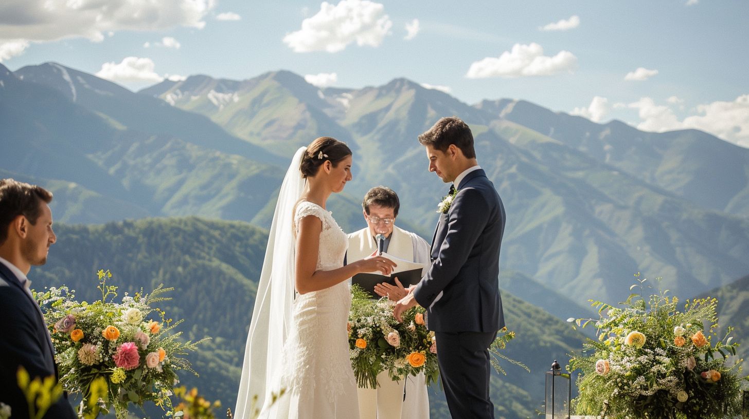 A bride and groom exchange vows with stunning mountain views in the background.