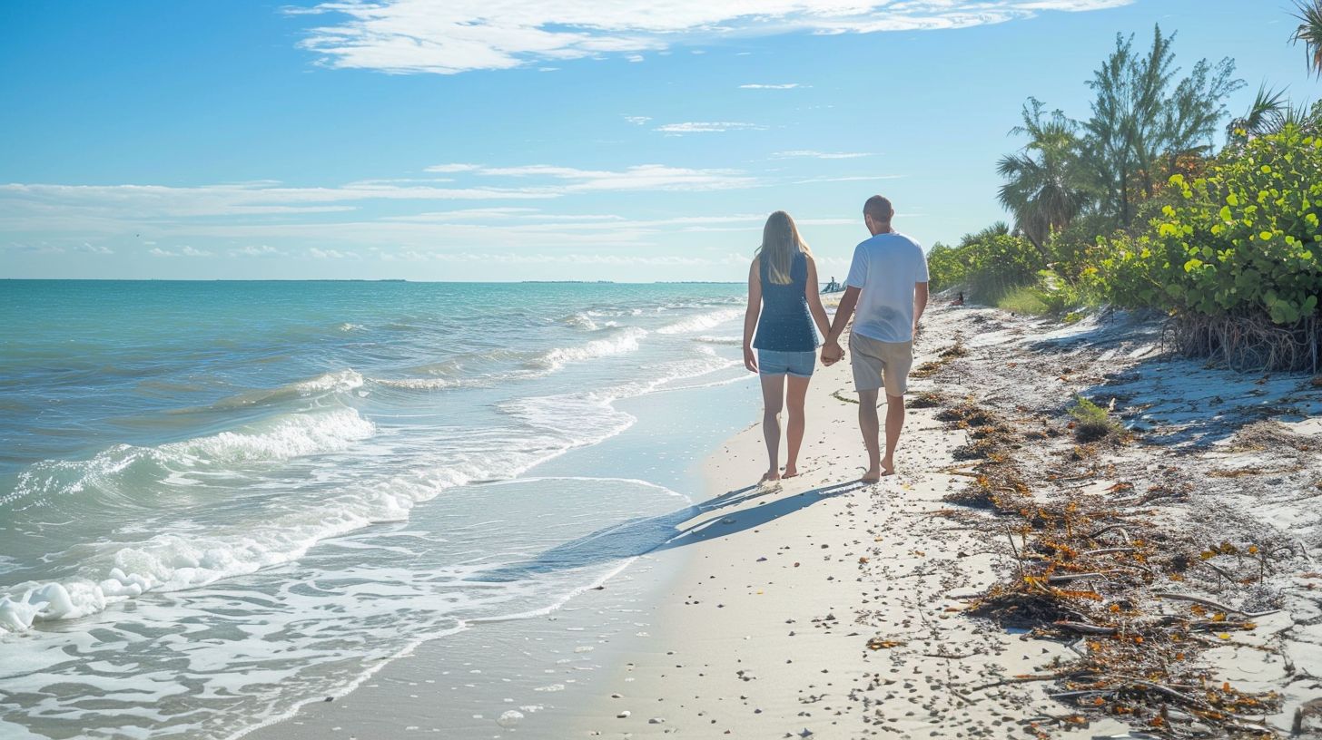 A couple walks hand-in-hand along the secluded shoreline at Lovers Key State Park Beach.