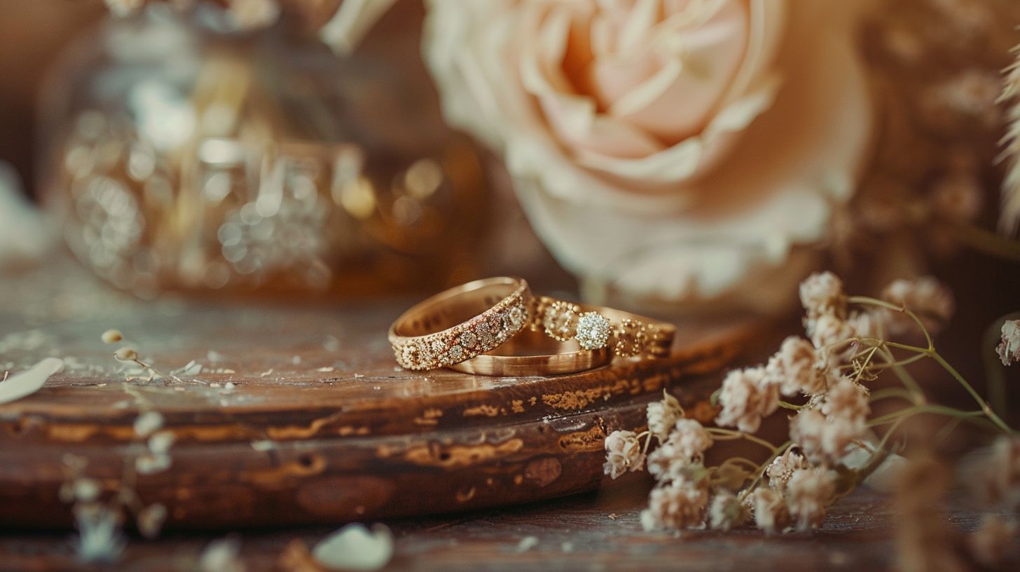 Two wedding rings on a vintage tabletop with flowers and rustic decor, captured with a macro lens.