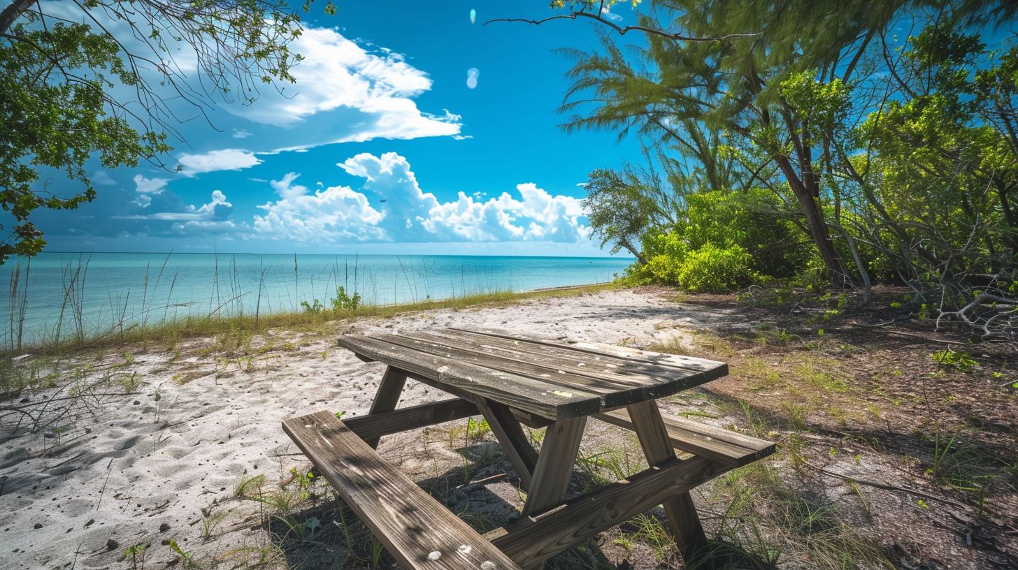 A picnic table with a scenic view of Lovers Key State Park.