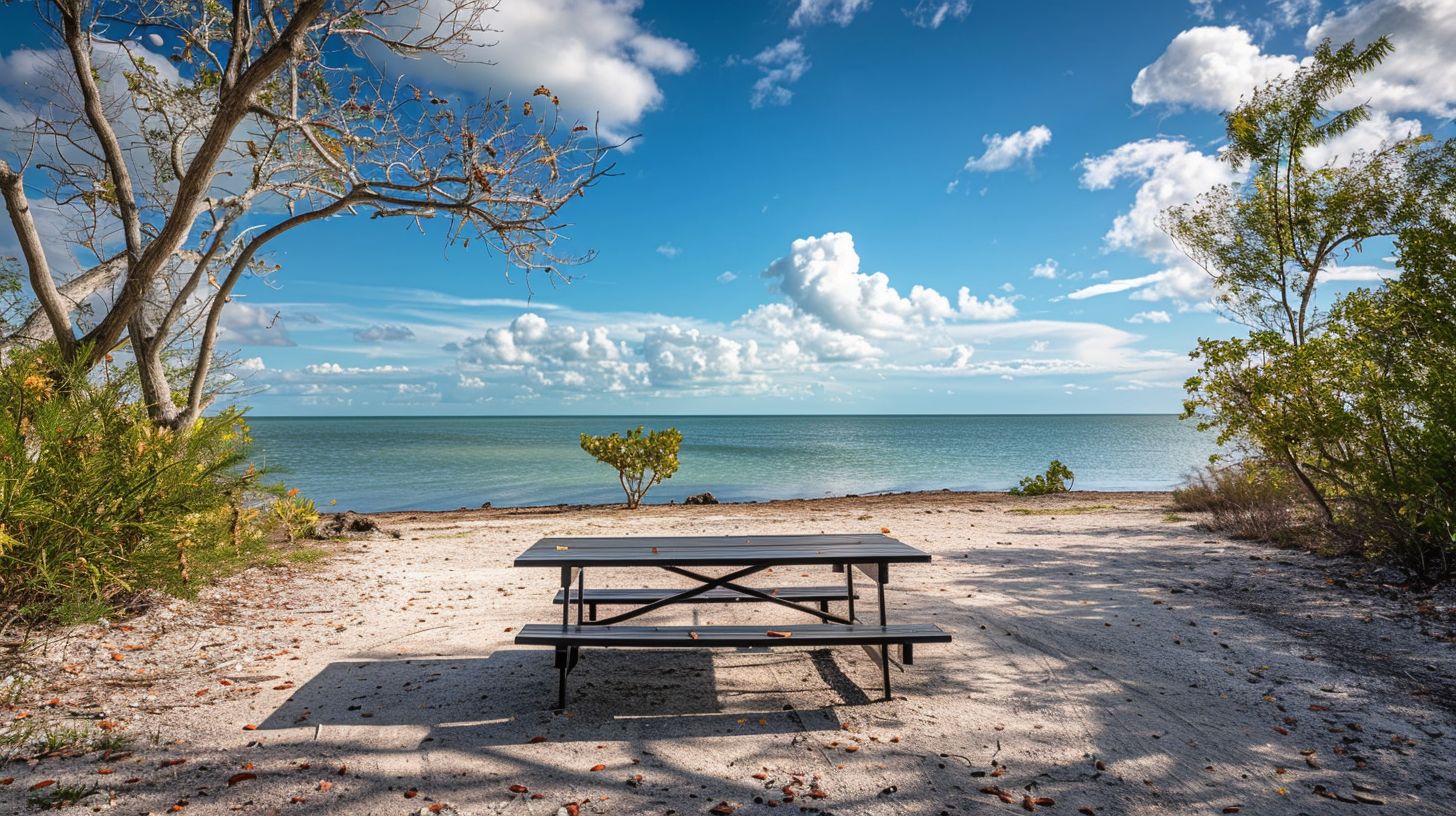 A picnic table with a scenic view of Lovers Key State Park.