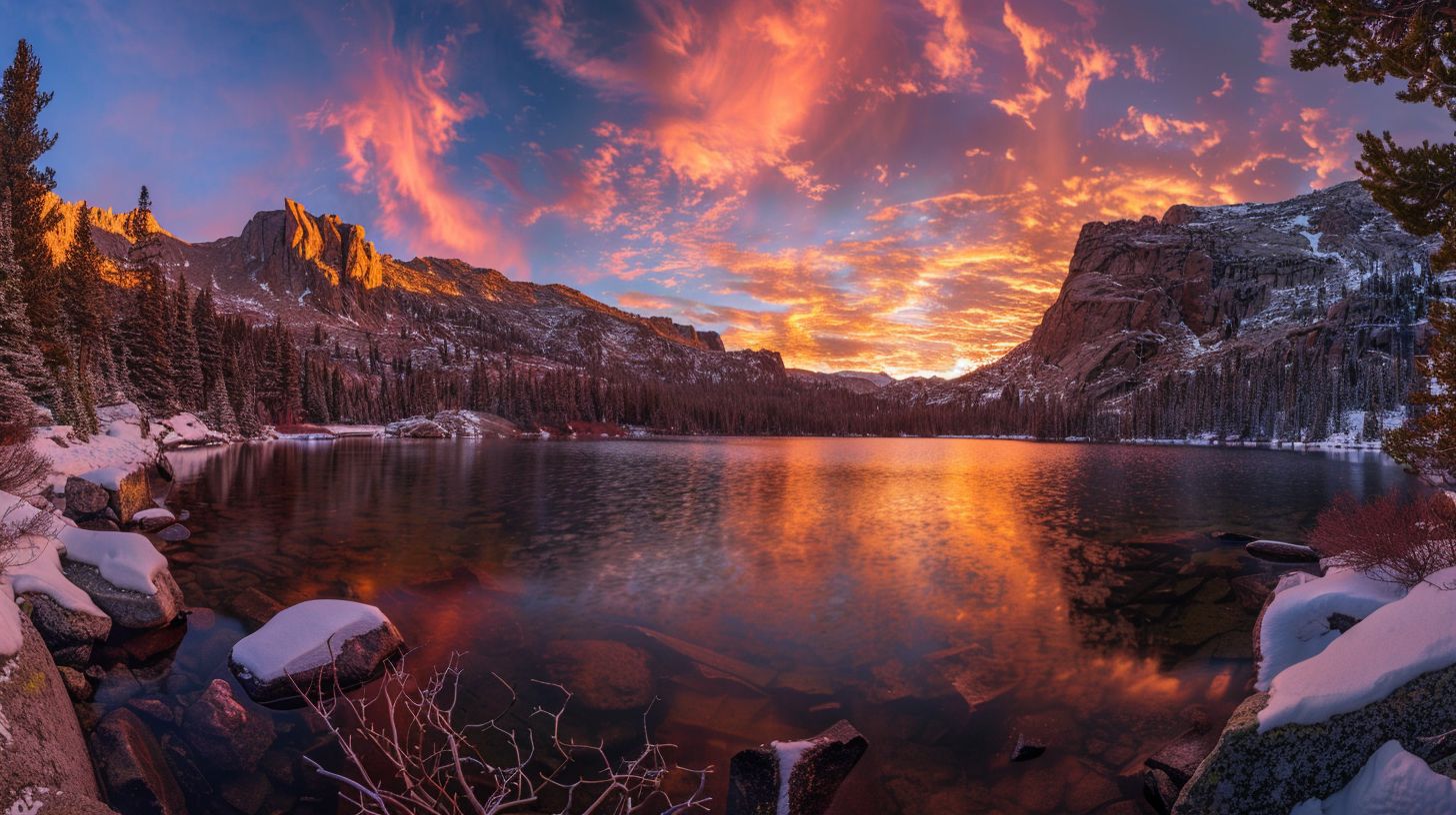 A wide-angle landscape photograph of a stunning sunrise over Dream Lake.