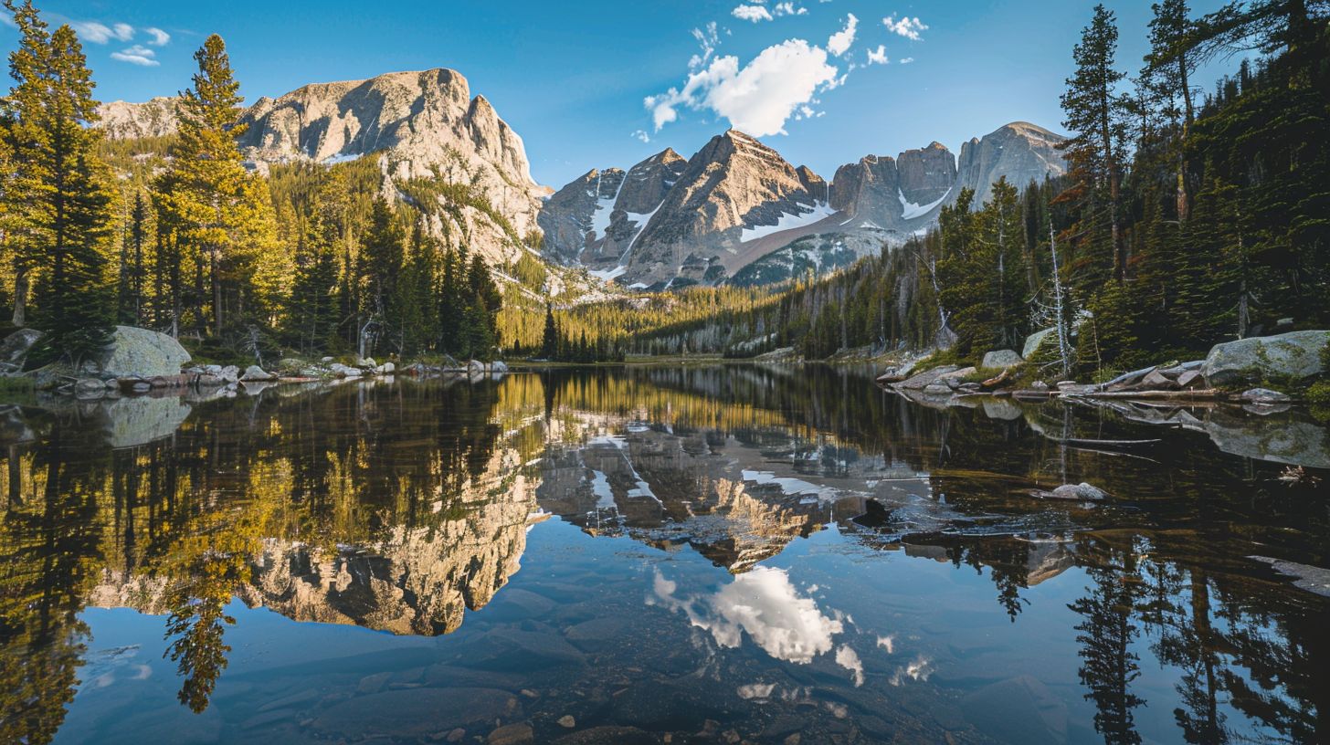 A wide-angle nature photograph of Bear Lake captures the reflection of mountains and trees.