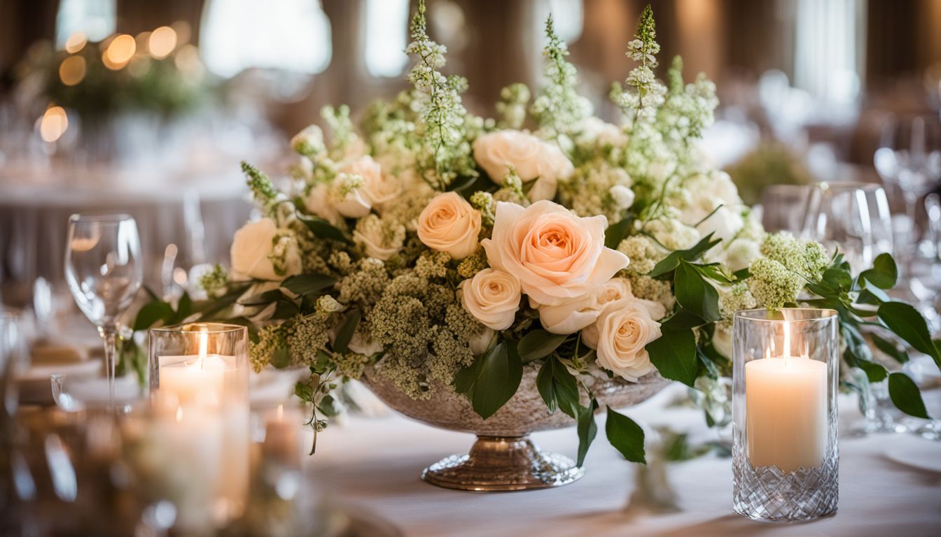 A beautifully arranged floral centerpiece for a wedding.