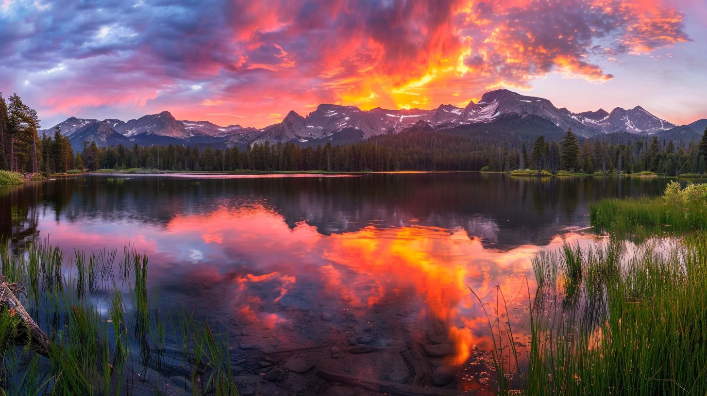 A wide-angle shot captures the vibrant colors of a stunning sunrise over Sprague Lake in Landscape Photography.