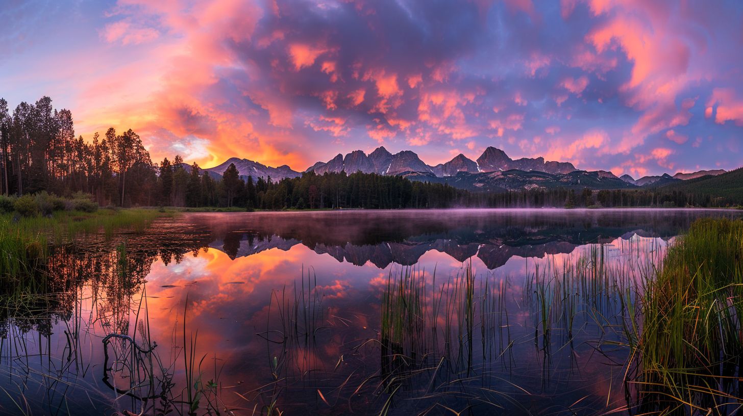 A wide-angle shot captures the vibrant colors of a stunning sunrise over Sprague Lake in Landscape Photography.