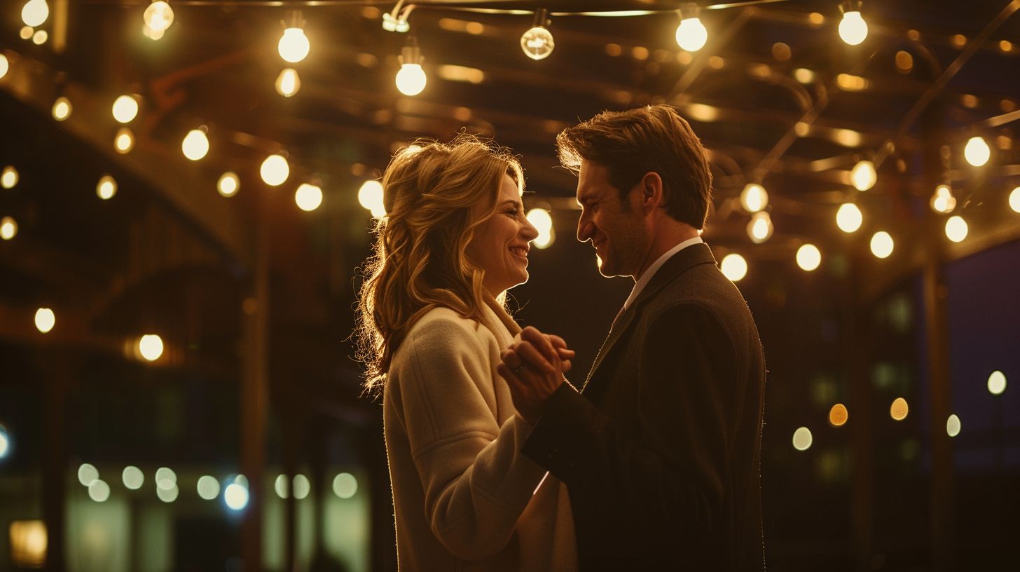 A couple is seen dancing under twinkling lights in a romantic setting.