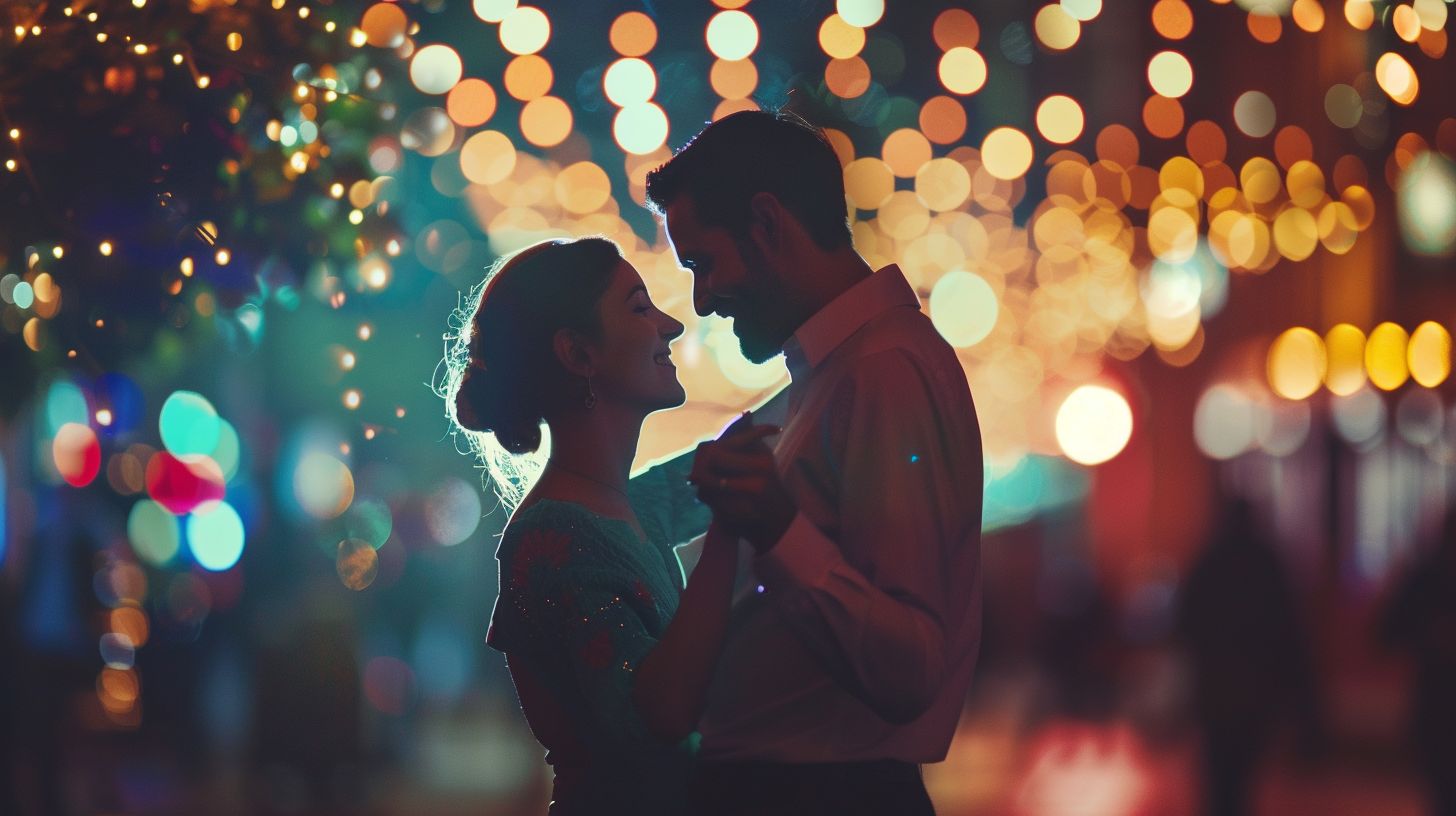A couple is seen dancing under twinkling lights in a romantic setting.
