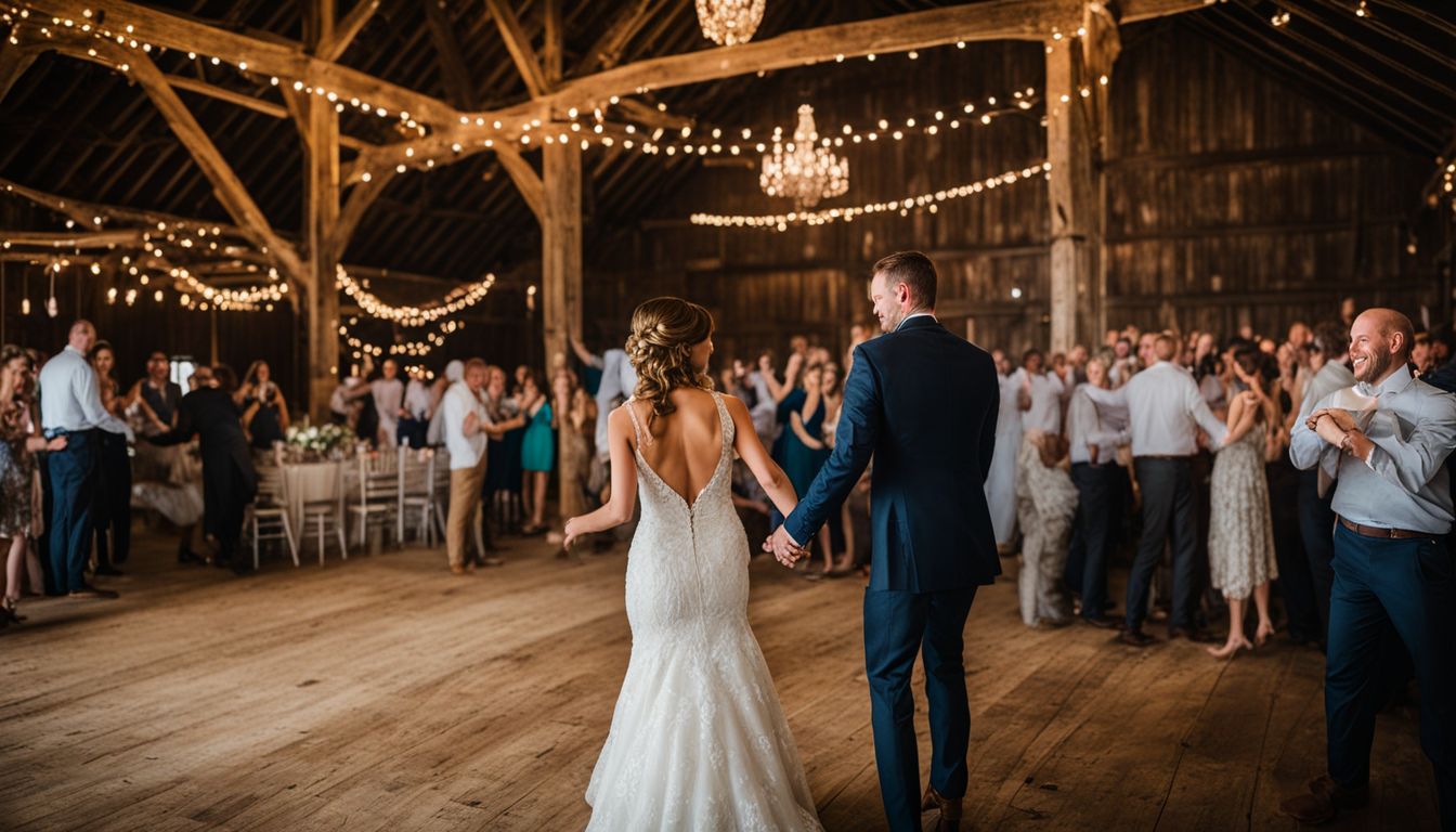 'An intimate embrace between a bride and groom at a rustic barn wedding venue.'