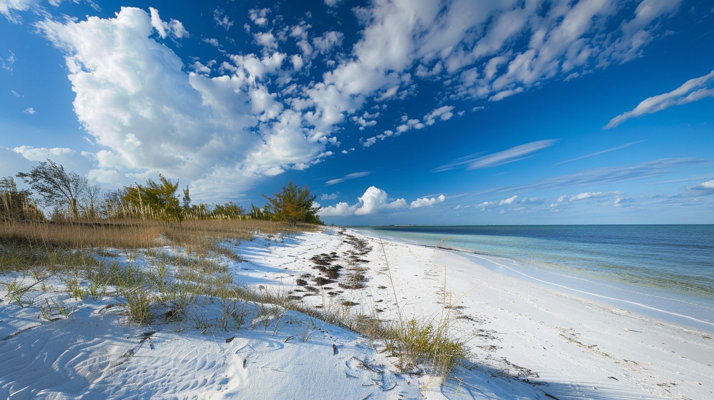 A wide-angle shot of an unspoiled beach at Lovers Key State Park.