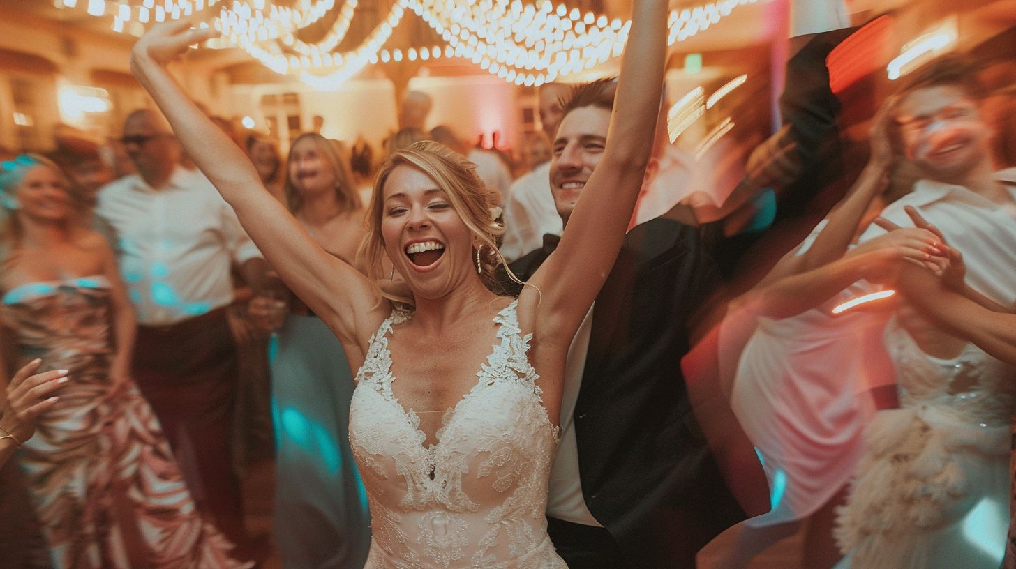 A joyful bride and groom dance with guests in a vibrant reception hall.