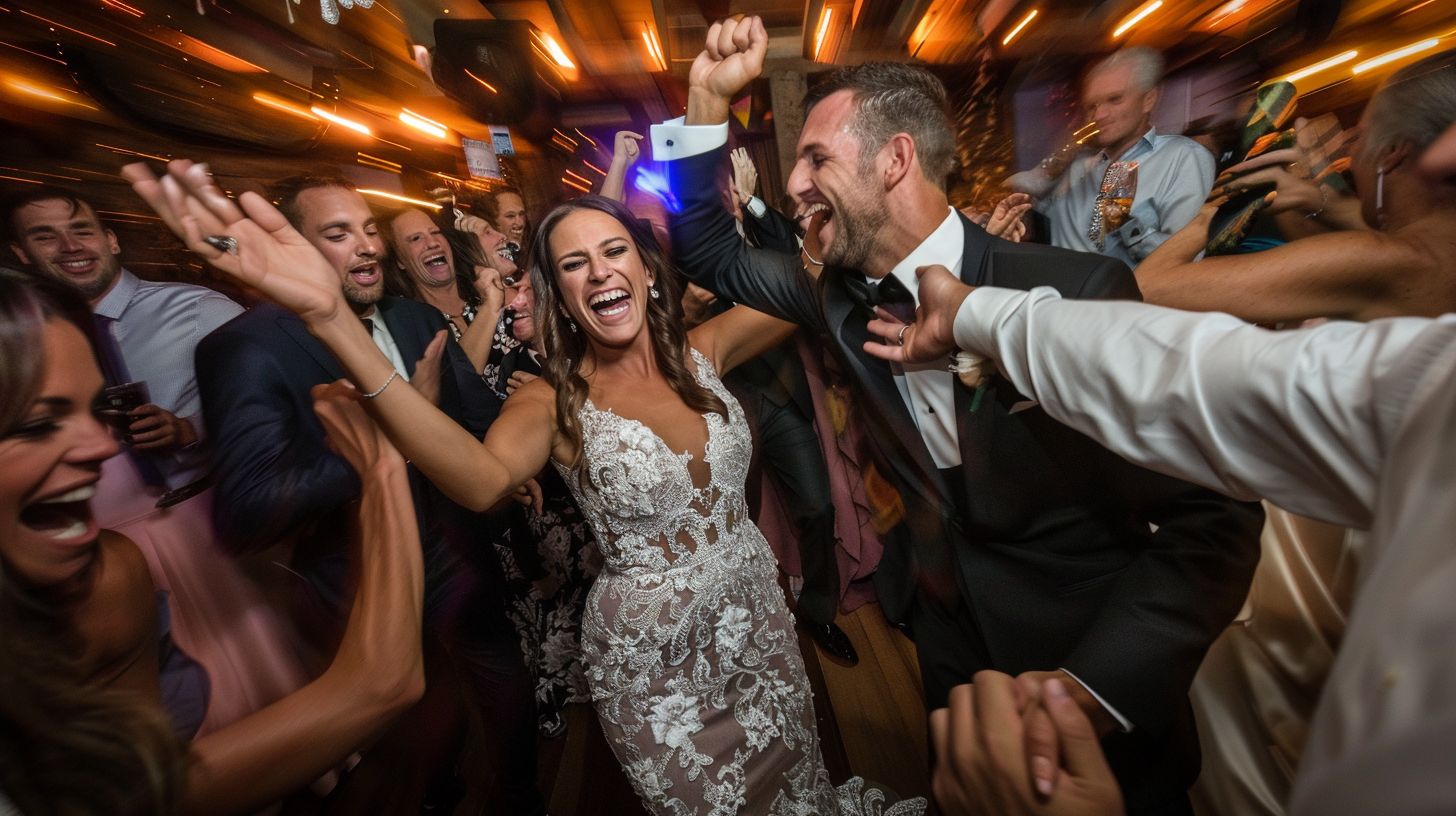 A joyful bride and groom dance with guests in a vibrant reception hall.