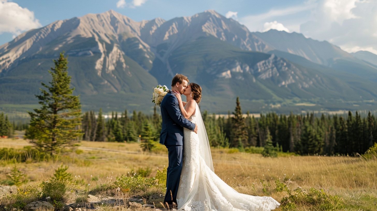 A newlywed couple embracing in front of a scenic mountain backdrop.