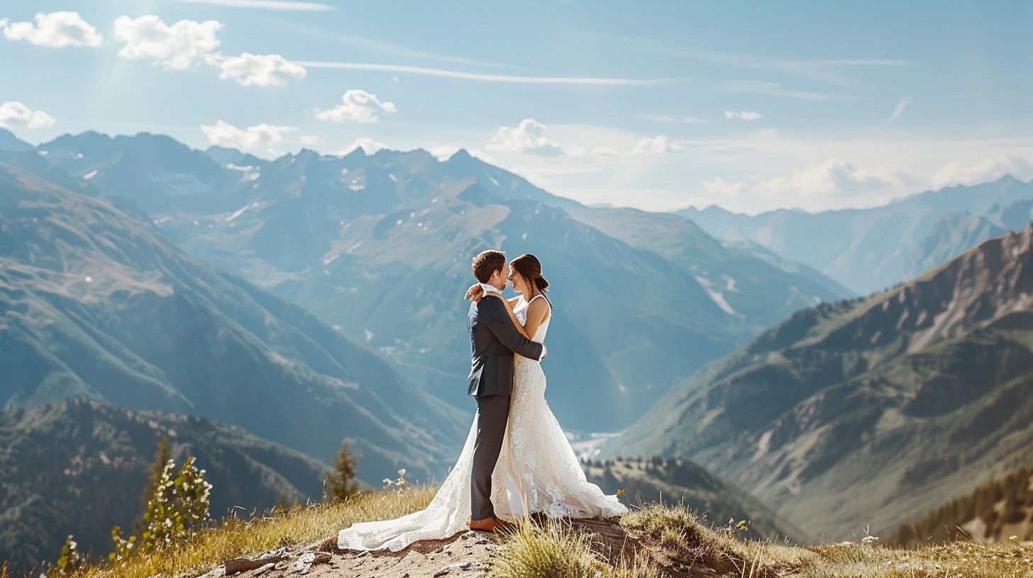 A newlywed couple embracing in front of a scenic mountain backdrop.