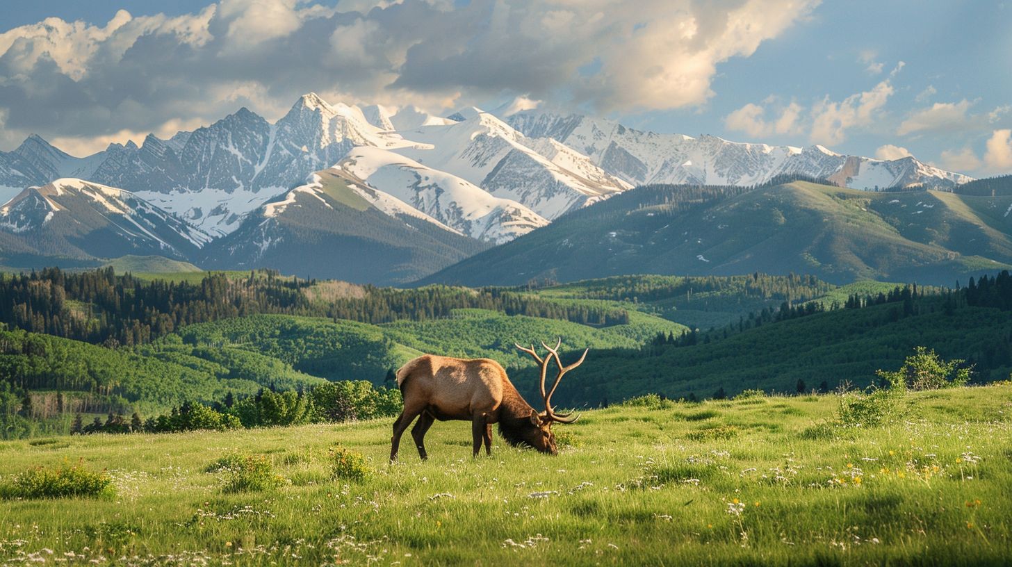 A wildlife photographer captured an image of a grazing elk in a snowy meadow.