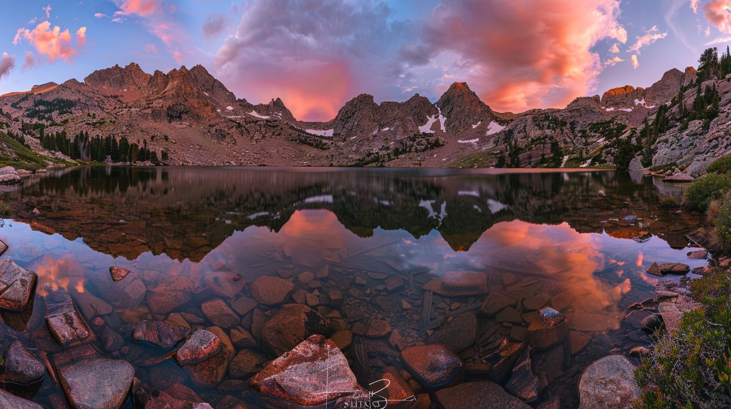 A panoramic sunset view of Lake Helene, captured with a wide-angle lens for a picturesque landscape.