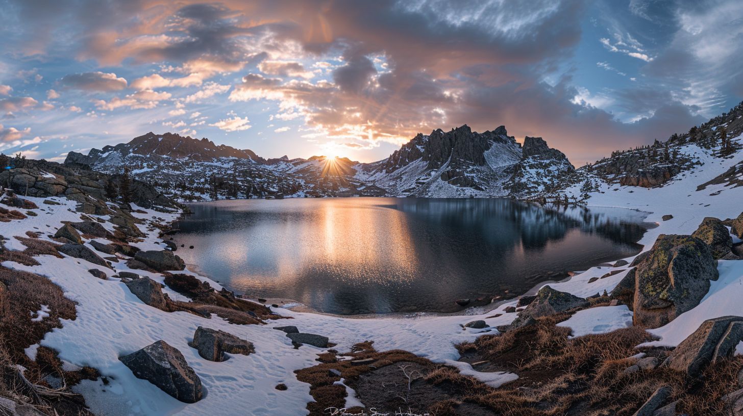 A panoramic sunset view of Lake Helene, captured with a wide-angle lens for a picturesque landscape.