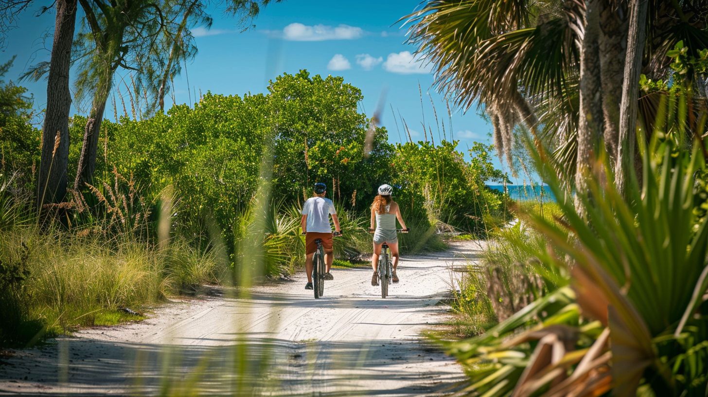 A couple enjoys a scenic bike ride along a trail at Lovers Key State Park.