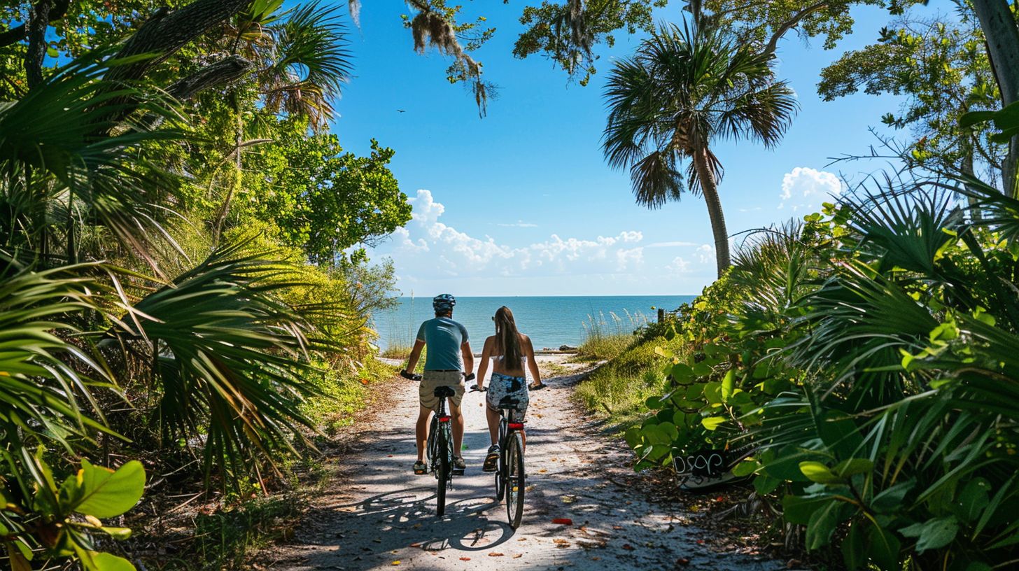 A couple enjoys a scenic bike ride along a trail at Lovers Key State Park.