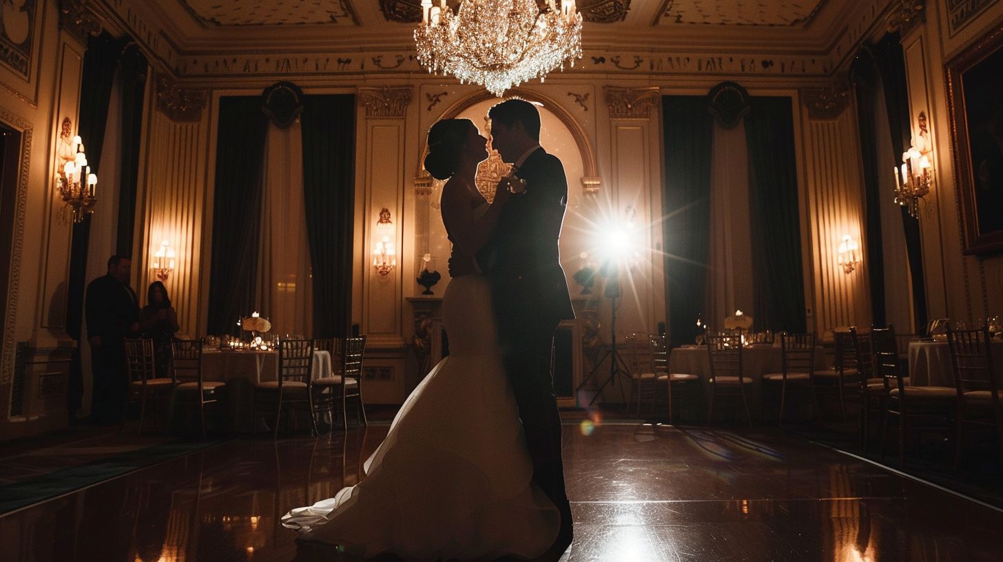 A newlywed couple dances in a dimly lit vintage ballroom, captured in soft focus portrait photography.