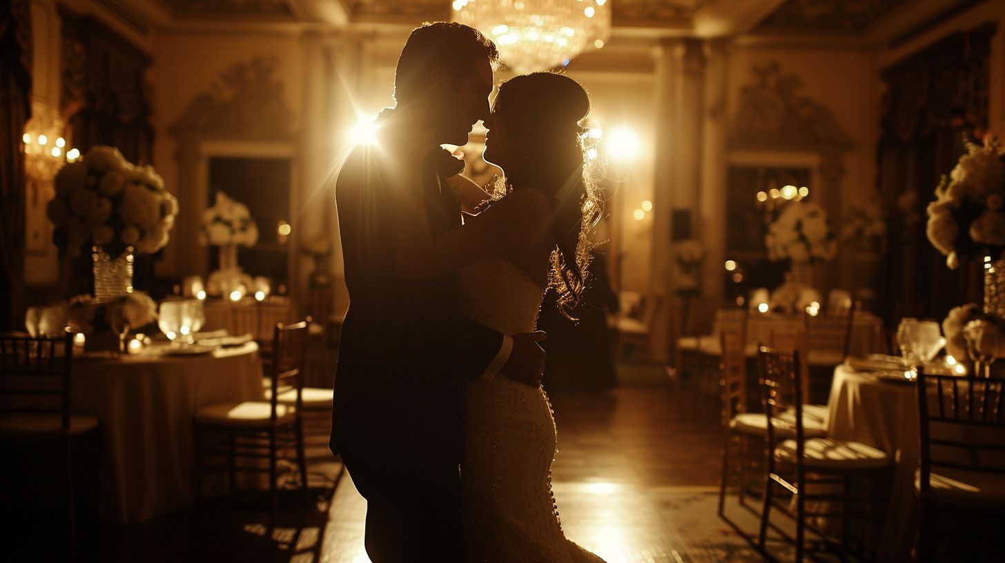 A newlywed couple dances in a dimly lit vintage ballroom, captured in soft focus portrait photography.