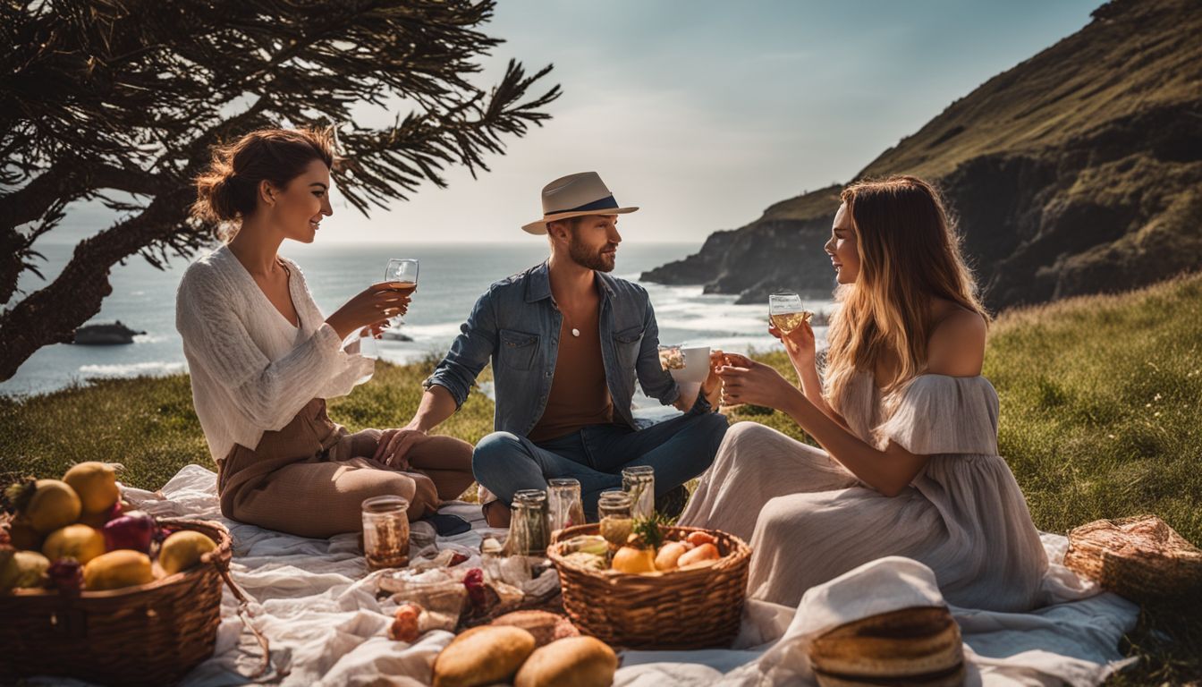 A scenic oceanfront picnic with diverse people and vibrant atmosphere captured in high-quality resolution.