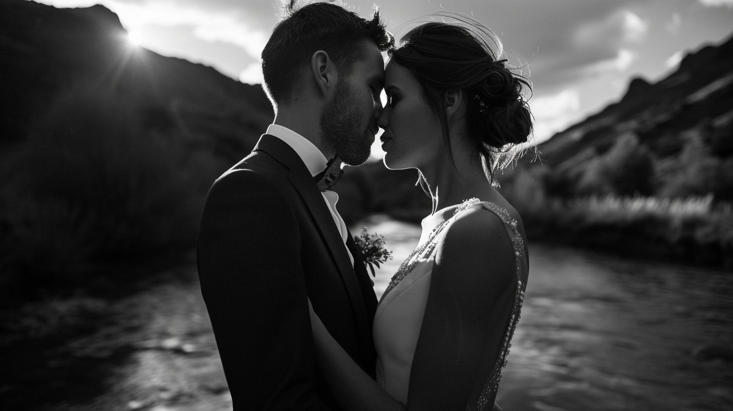 A bride and groom share an intimate moment in a natural outdoor setting.