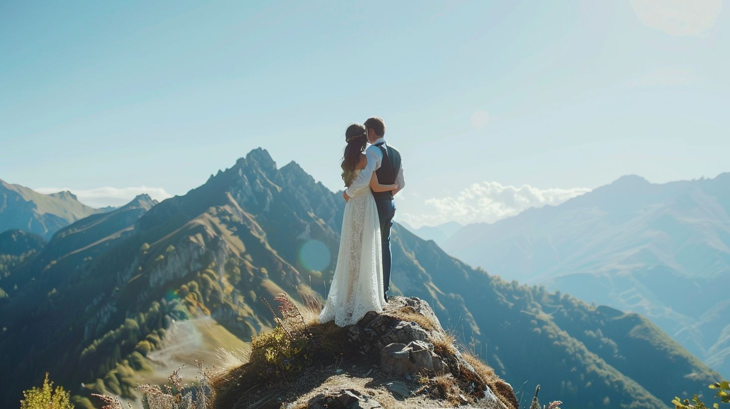 A newlywed couple embraces with a mountain backdrop in a nature photography shot.
