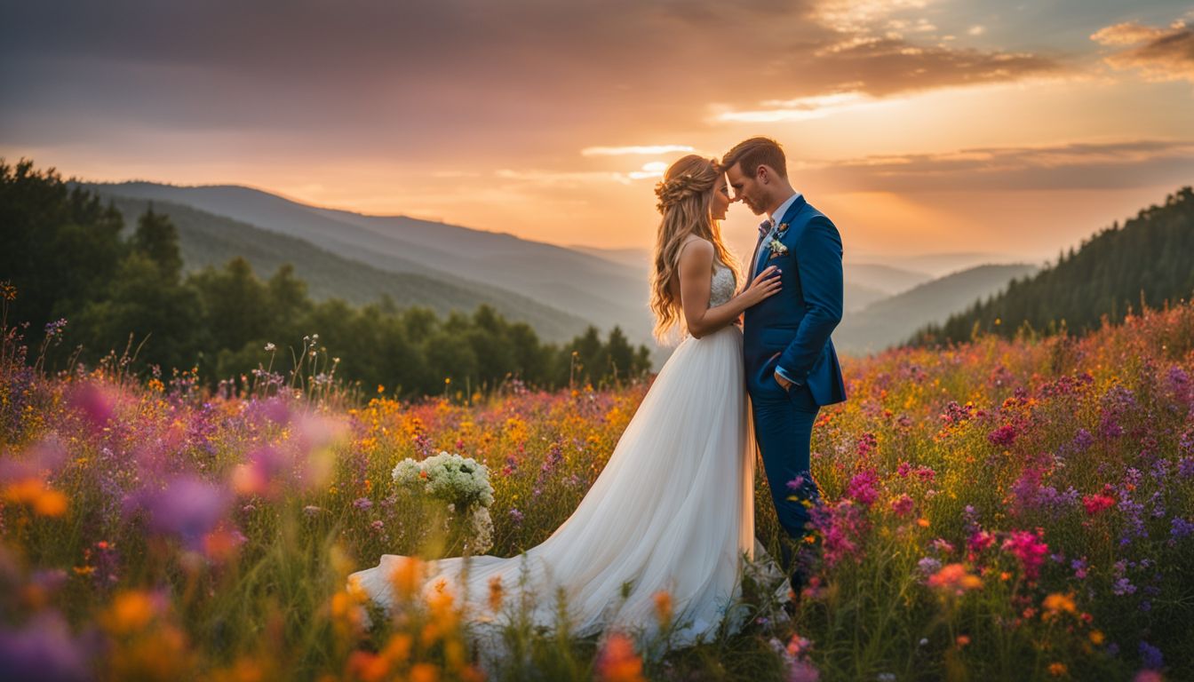 'A bride and groom standing in a field of colorful wildflowers.'