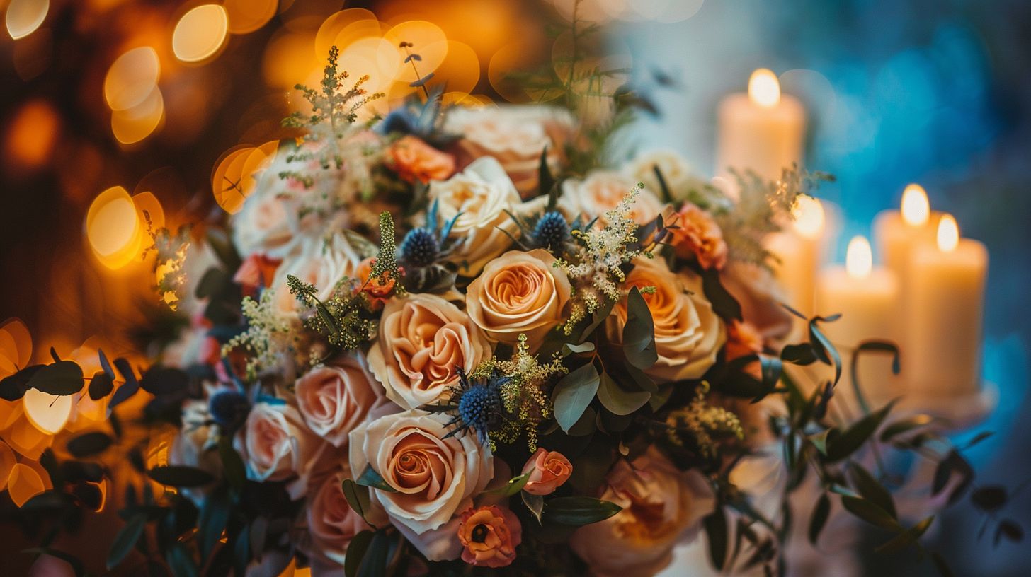 A macro photograph of an intricately arranged wedding bouquet in a natural setting.