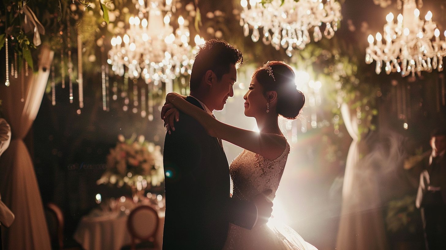 A bride and groom share a tender moment while dancing under a sparkling chandelier.