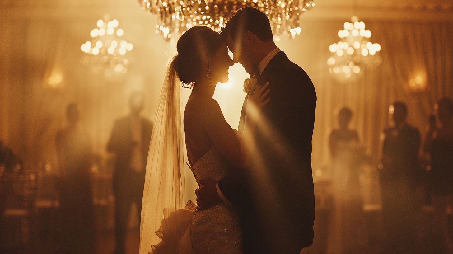 A bride and groom share a tender moment while dancing under a sparkling chandelier.