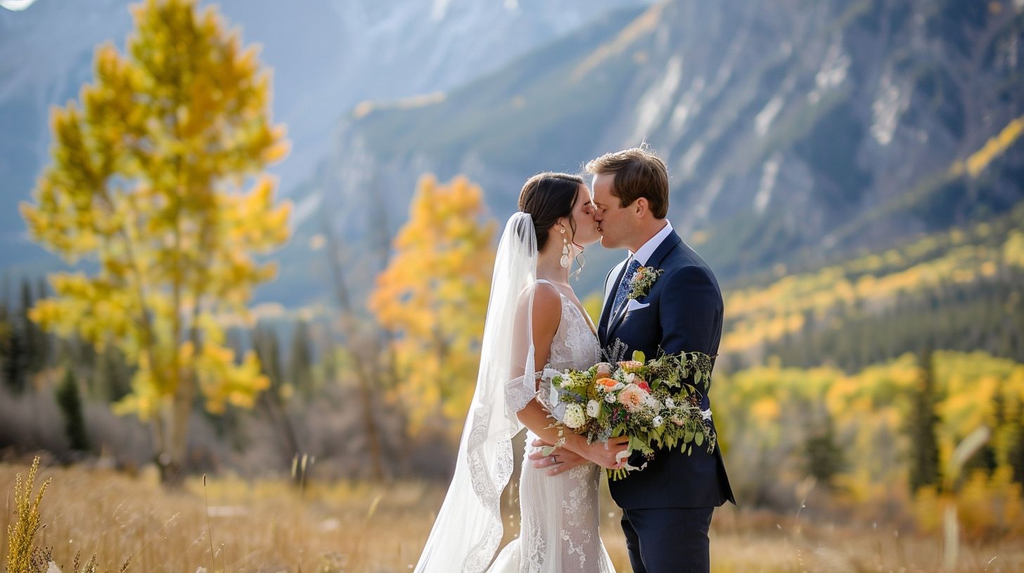 A bride and groom sharing a kiss with a mountain backdrop in a scenic landscape.