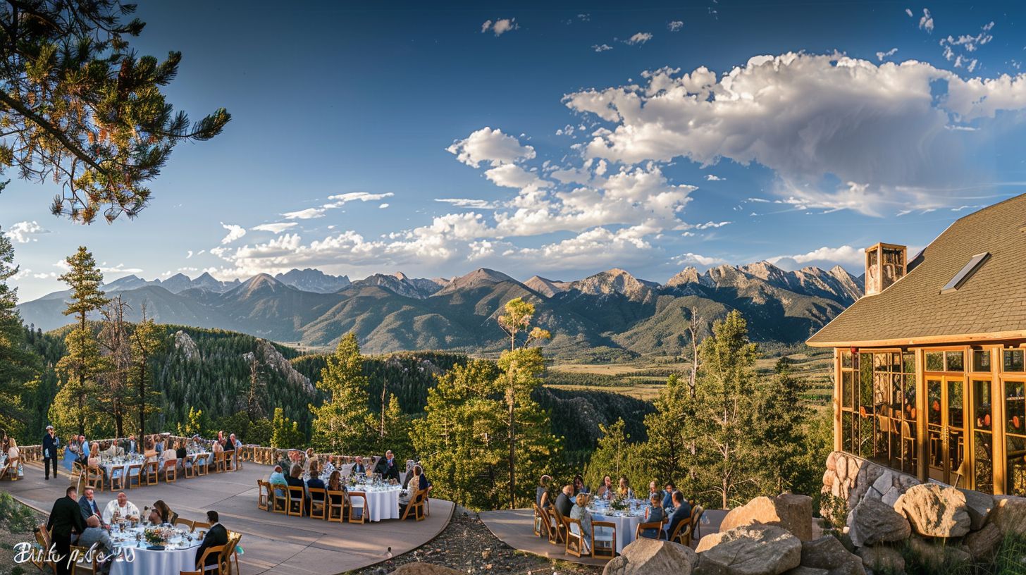 A wide-angle landscape photo of an outdoor wedding venue with a view of the Rocky Mountains.